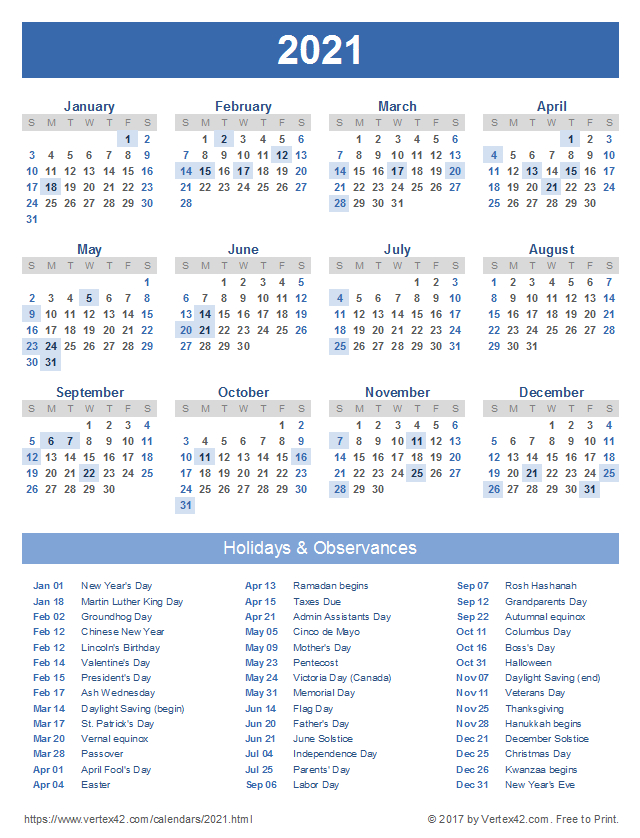 Download A Free Printable 2021 Calendar With Holidays From-2021 Vacation Schedule Calendar