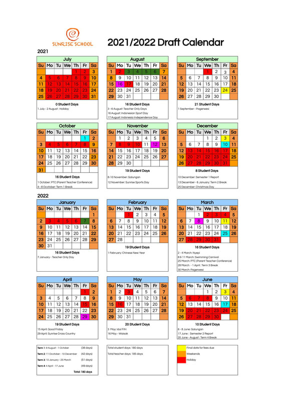 Draft Calendar 2021/2022 - Sunrise School: International-International School Holidays For 2021