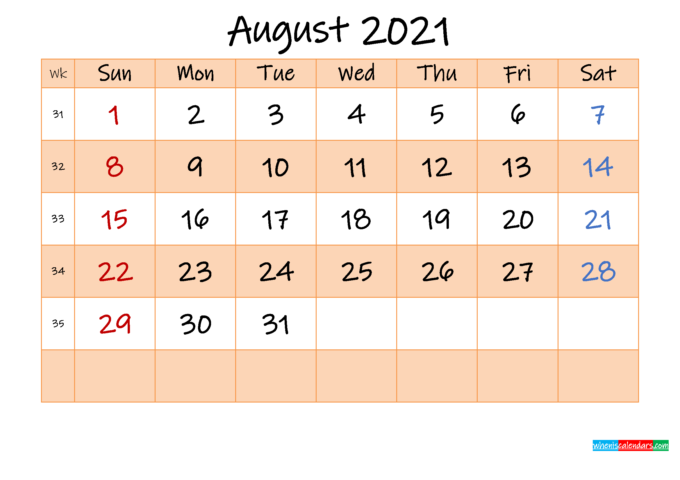 Editable August 2021 Calendar - Template No.ink21M488-Printable Calendar 2021 Monthly That Can Be Edited