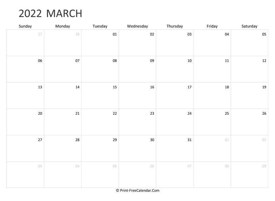 Editable March Calendar 2022 (Landscape Layout)-Fill In Monthly Calendar March 2021