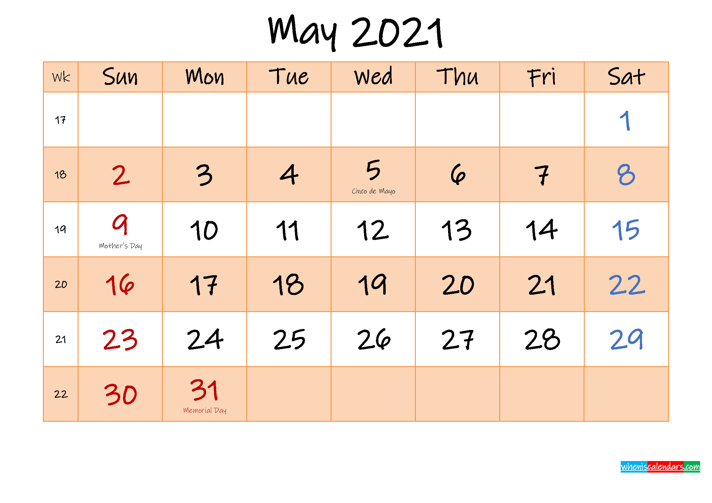 Editable May 2021 Calendar - Template No.ink21M485-Editable Calendars By Month 2021