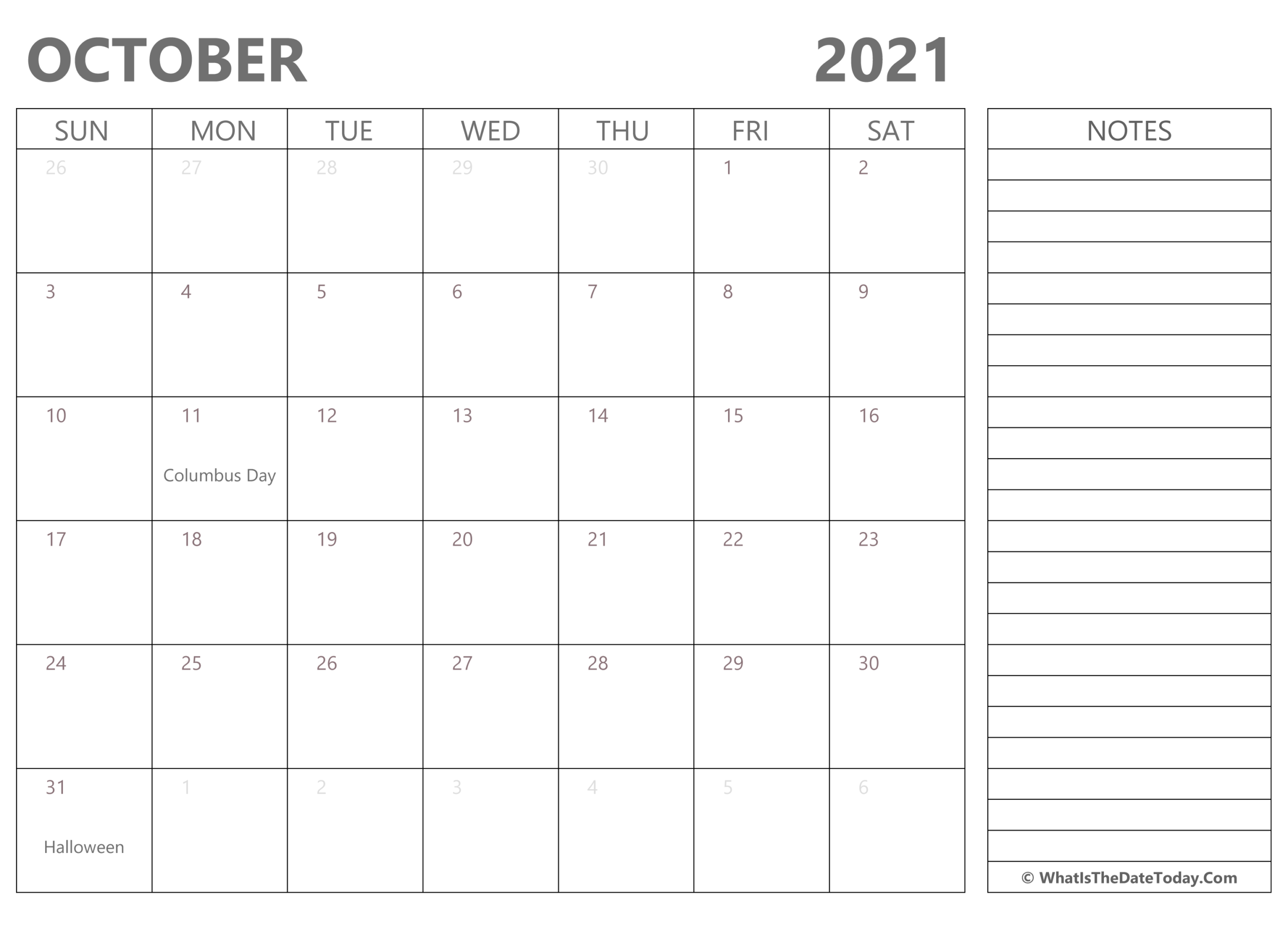 Editable October 2021 Calendar With Holidays And Notes-Free Calender For October 2021 81/2 X 11