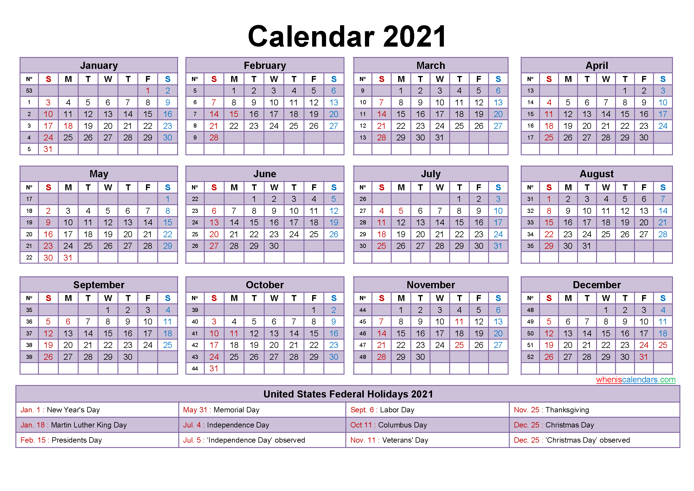 Editable Printable Calendar 2021 Word - Template No.ep21Y17-2021 Yearly Calendar One Page Printable