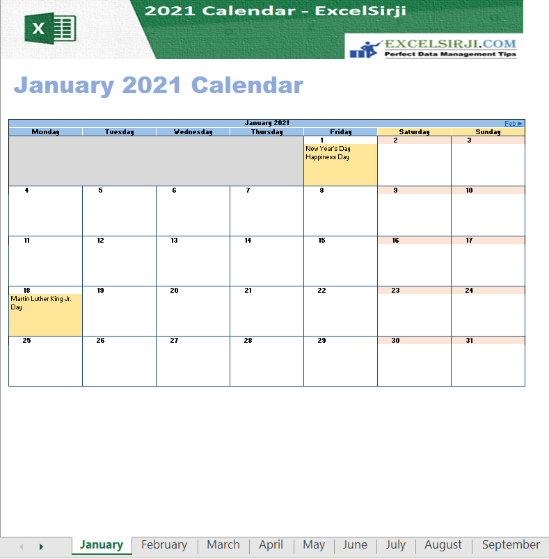 Excelsirji | Excel Utilities/Templates | 2021 Excel Calendar-Excel Vacation Schedule 2021