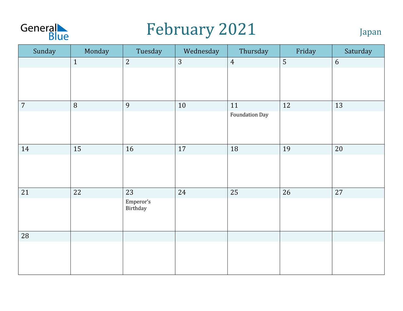 February 2021 Calendar - Japan-Excel Vacation Planner Calendar 2021