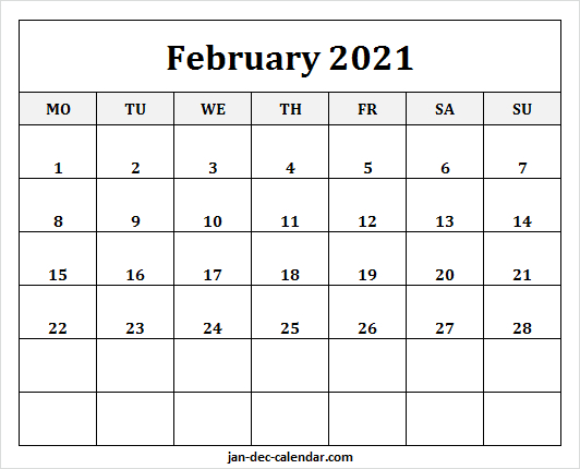 February 2021 Calendar Monday Start | Free Blank 2021 Template-Printable Calendar Starting Monday 2021