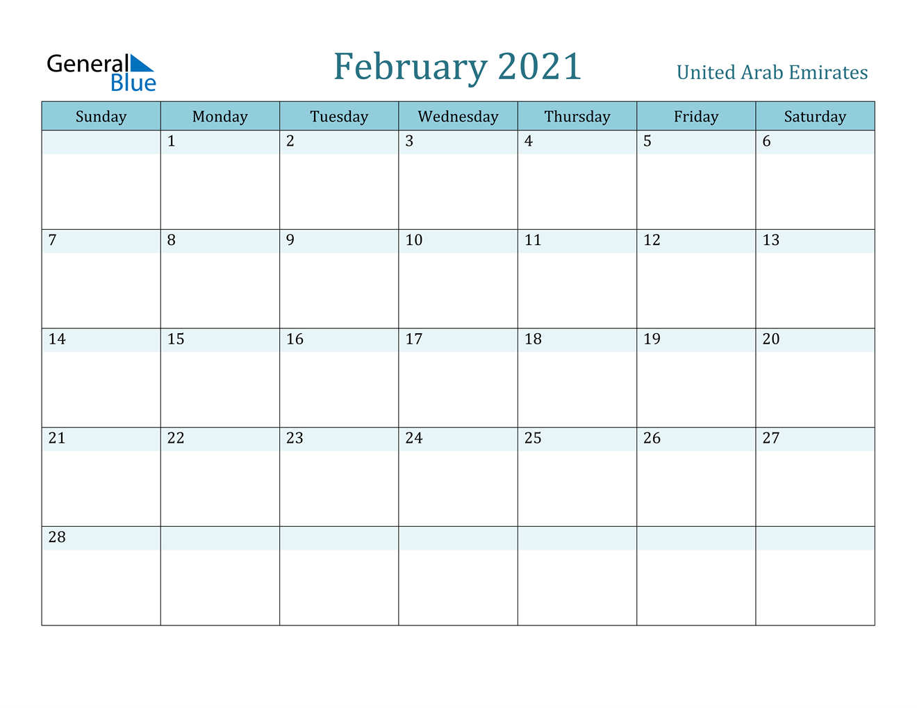 February 2021 Calendar - United Arab Emirates-Excel Template Vacation Calendar 2021