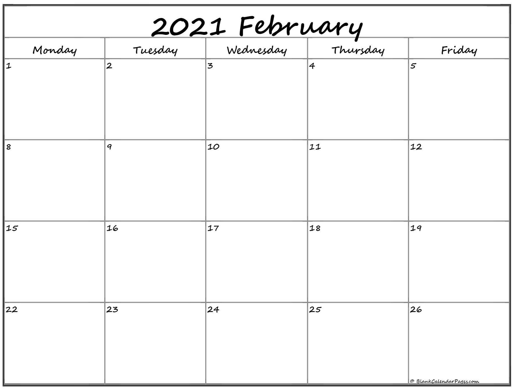 February 2021 Monday Calendar | Monday To Sunday-Free Monday Through Friday August 2021 Calendar