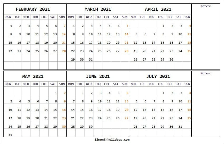 February To July 2021 Calendar Printable - Print Online-2021 Leave Calendar Template