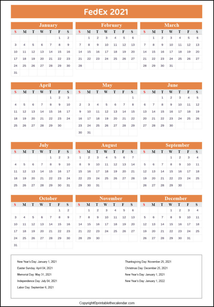 Fedex Calendar 2021 With Holidays | Fedex Holiday Schedule-Free Employee Holiday Planner 2021