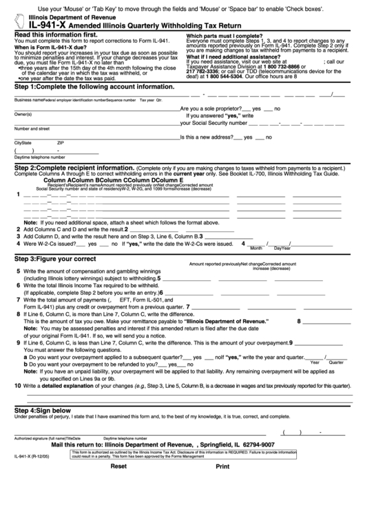 Fillable Form Il-941-X - Amended Illinois Quarterly-Irs Forms 2021 Printable Quarterly Estimate Taxes