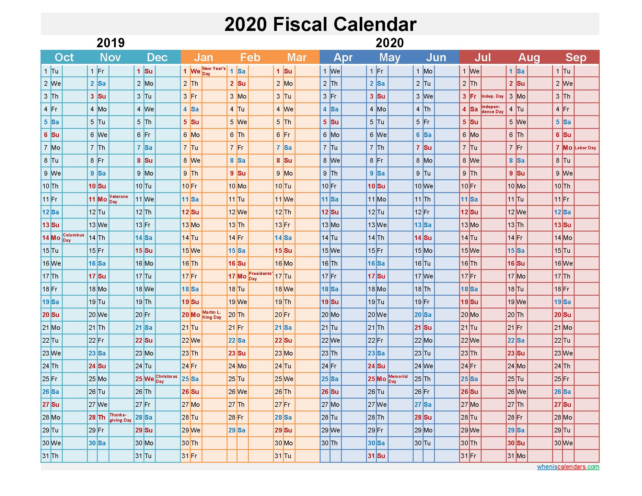 Fiscal Year 2020 Quarters - Template No.fiscal20Y14 | Free-Fiscal Year Calender Print October