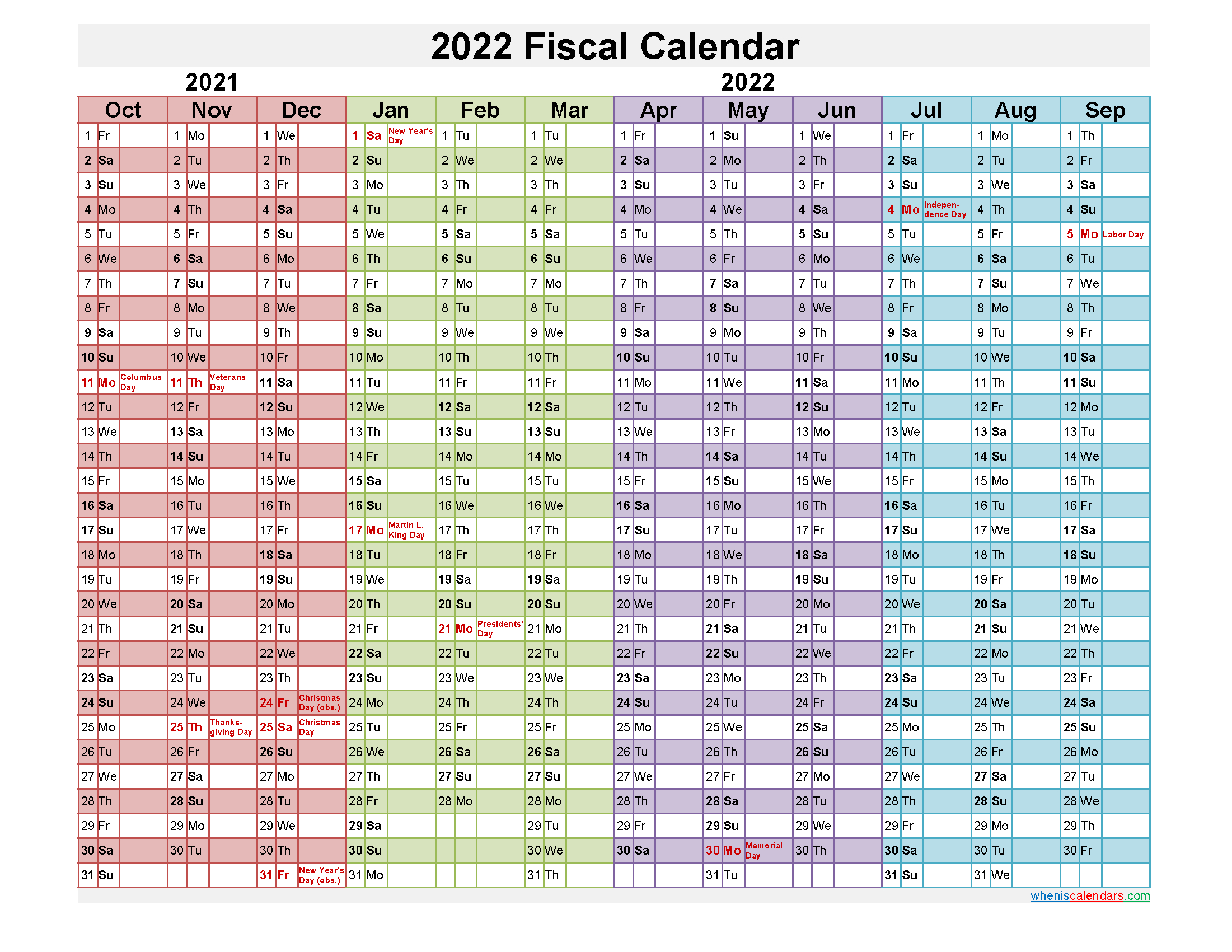 Fiscal Year 2022 Calendar - Template No.fiscal22Y21-Fiscal Year Calender Print October