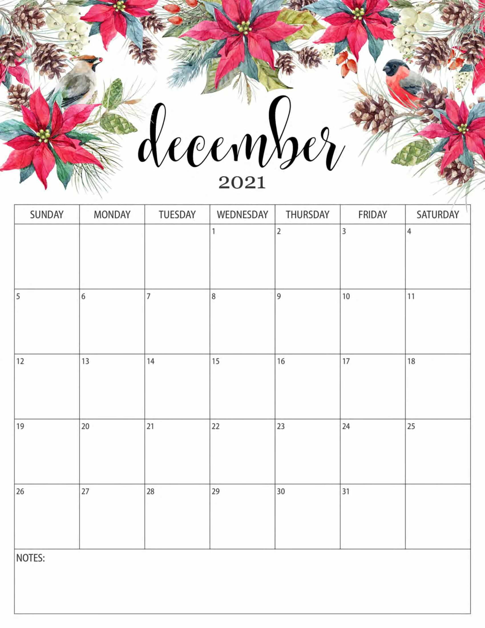 Floral December 2021 Calendar Templates - Printable 2021-Holiday Spreadsheet Template 2021