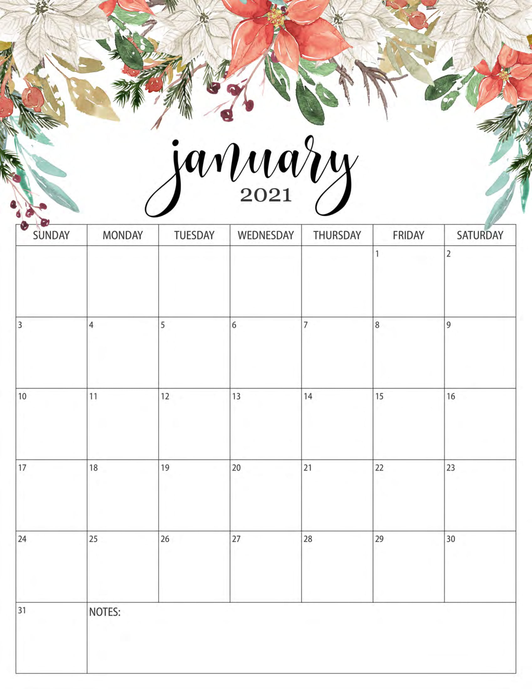 Floral January 2021 Calendar Templates - Printable 2020-January 2021 Calendar