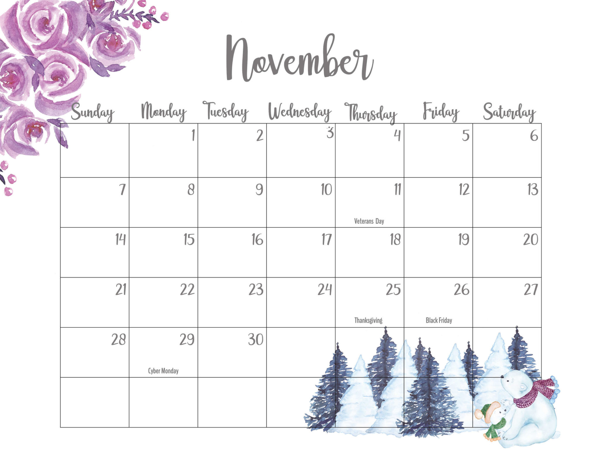 Floral November 2021 Calendar Printable - Cute Designs-November 2021 Blank Calendar
