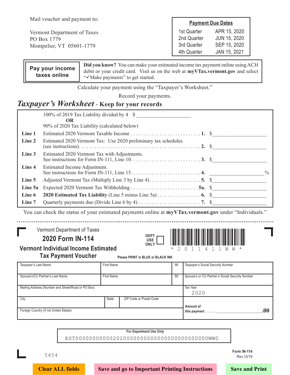 Form In-114 Download Fillable Pdf Or Fill Online Vermont-Irs Forms 2021 Printable Quarterly Estimate Taxes