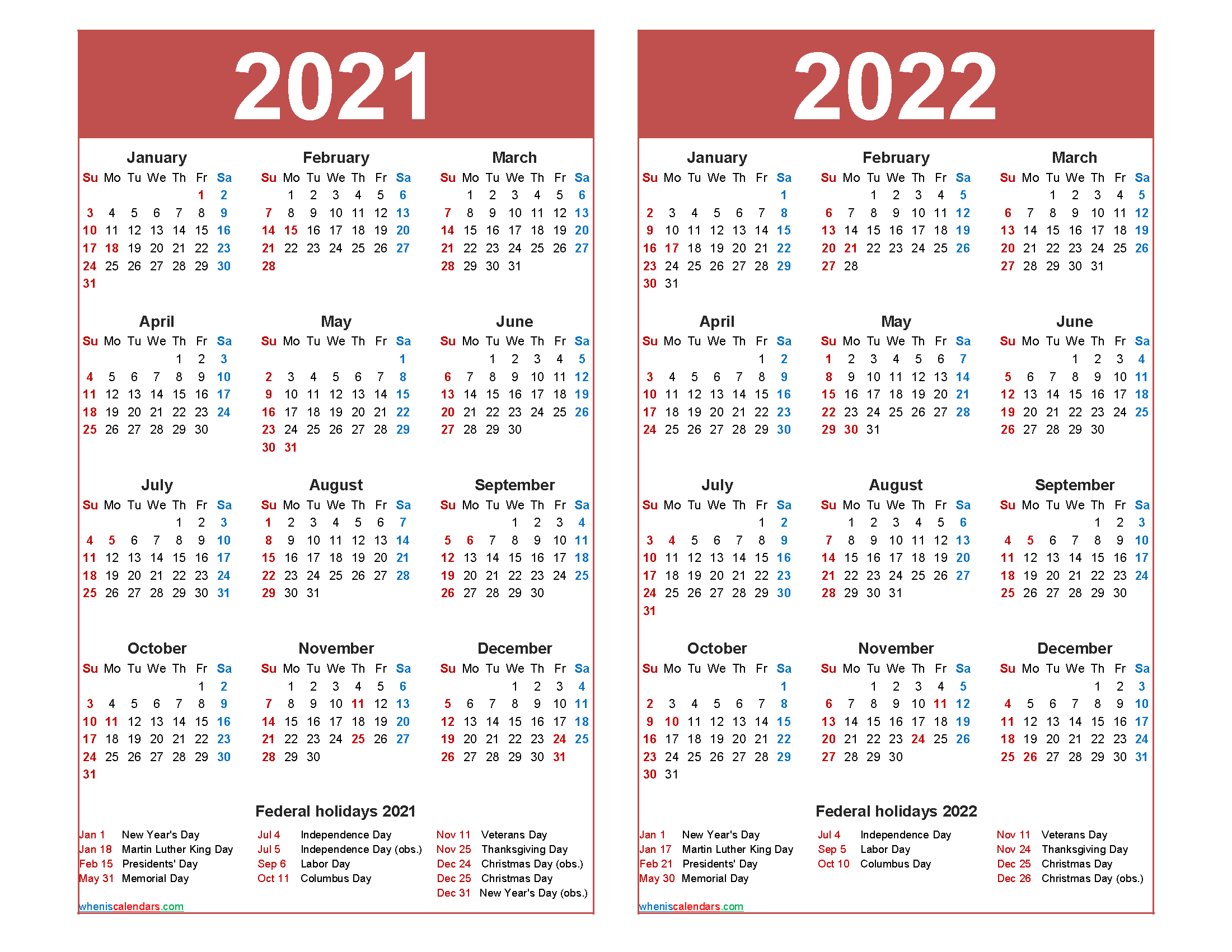 Free 2021 And 2022 Calendar Printable With Holidays - Free-2021 Vacation Calendar