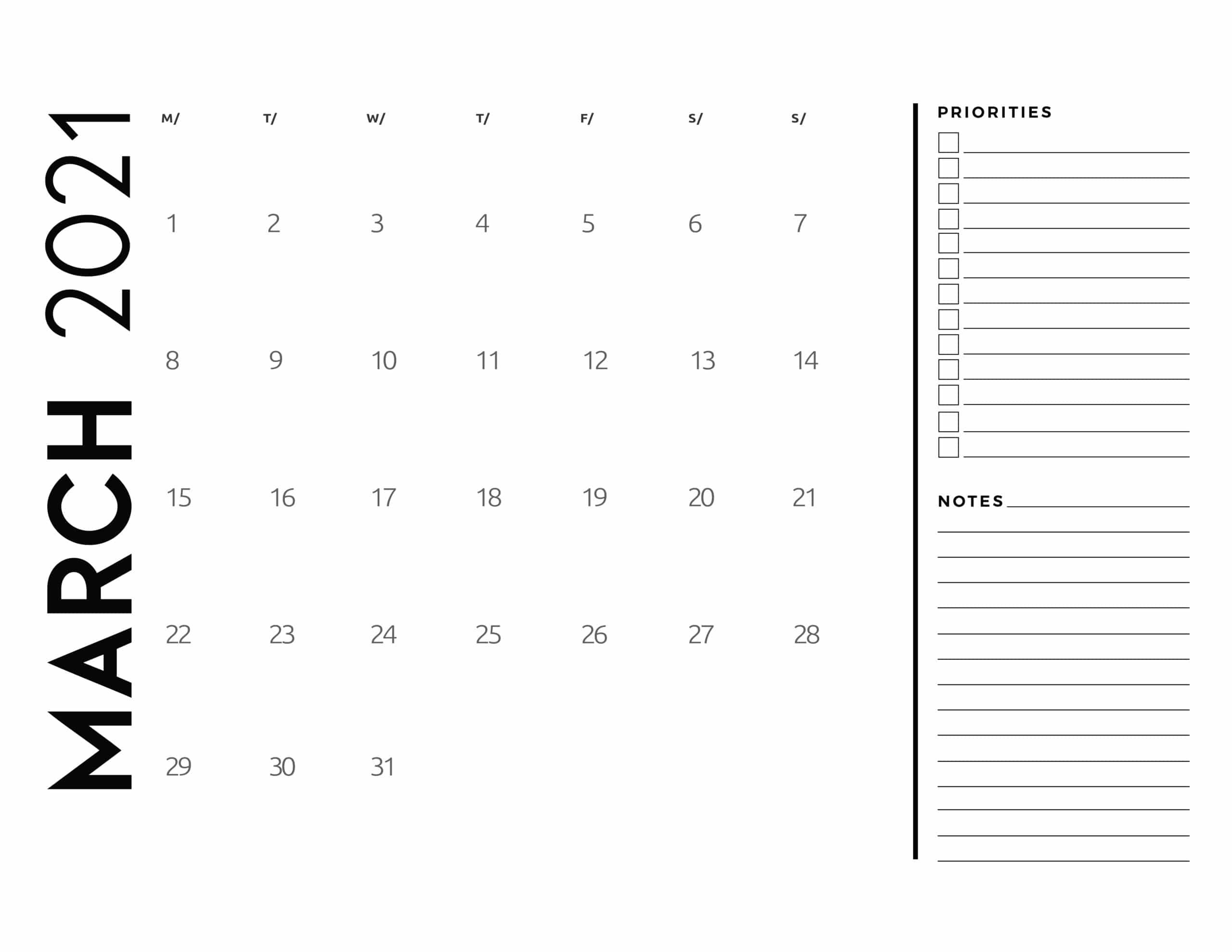Free 2021 Calendar Priorities And Notes - World Of Printables-Full Size Feb 2021 Calendar To Print Free