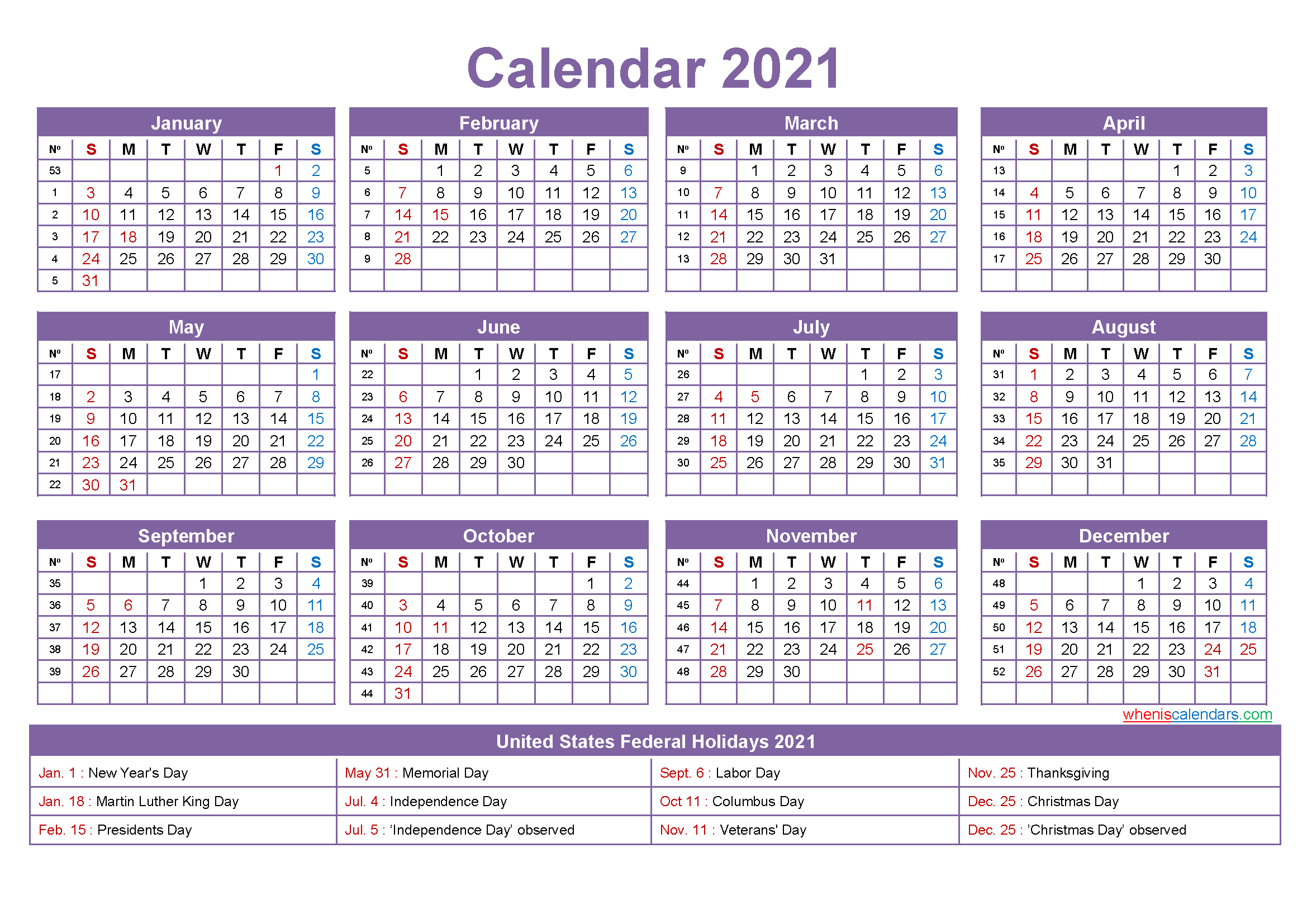 Free 2021 Printable Calendar With Holidays-2021 Calendar With Us Holidays