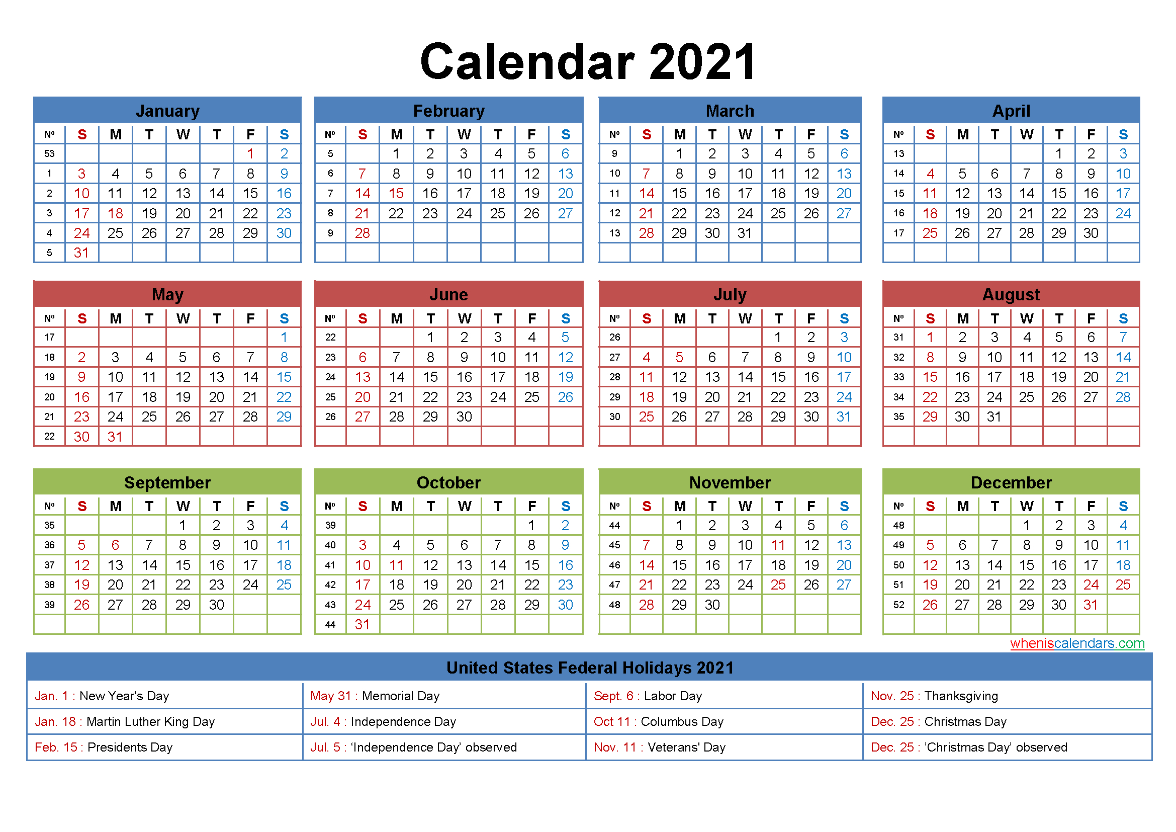 Free 2021 Printable Calendar With Holidays - Free Printable 2021 Monthly Calendar With Holidays-2 Page 2021 Calendar