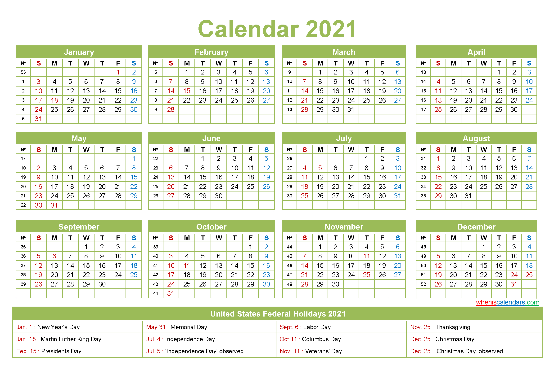 Free 2021 Printable Calendar With Holidays-Free Yearly Vacation Calendar 2021