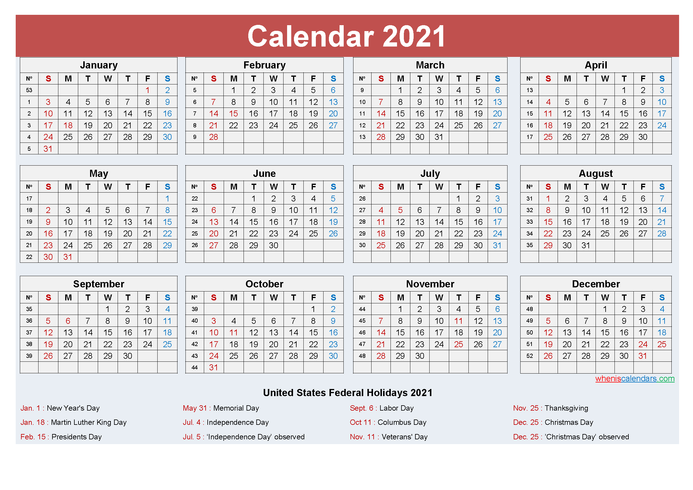 Free 2021 Printable Calendar With Holidays-Online Free Printable Calendar 2021