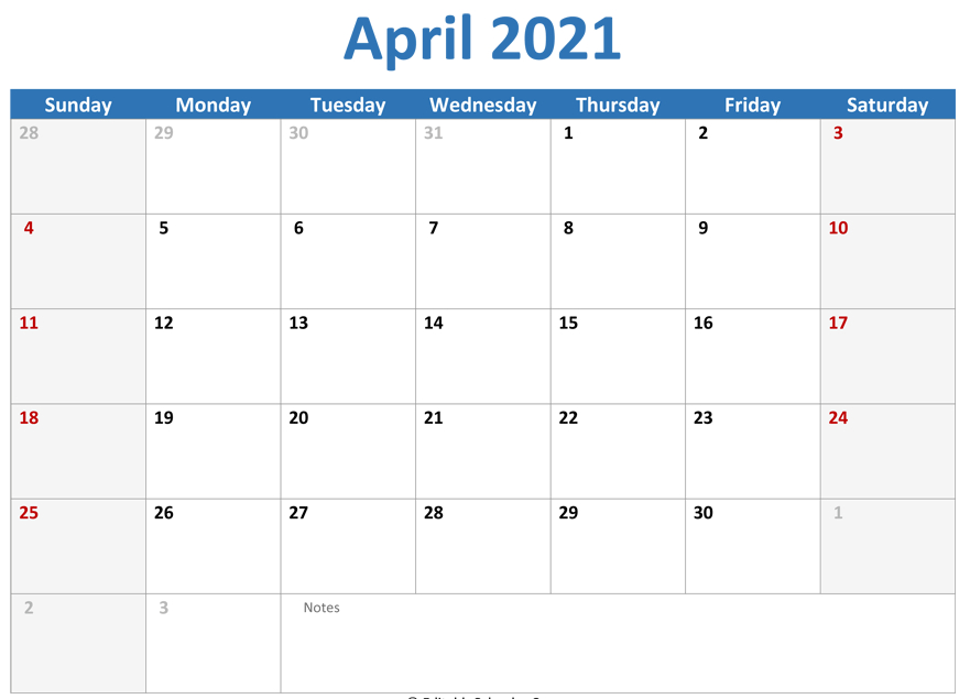 Free Blank April 2021 Calendar Template With Notes-Blank April 2021 Calendar