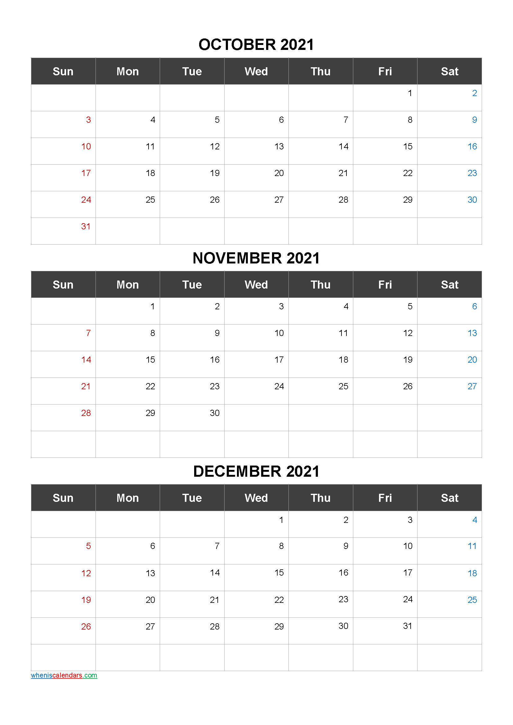 Free Calendar October November December 2021 [Q1-Q2-Q3-Q4-Printable Calendar 2021 3 Months