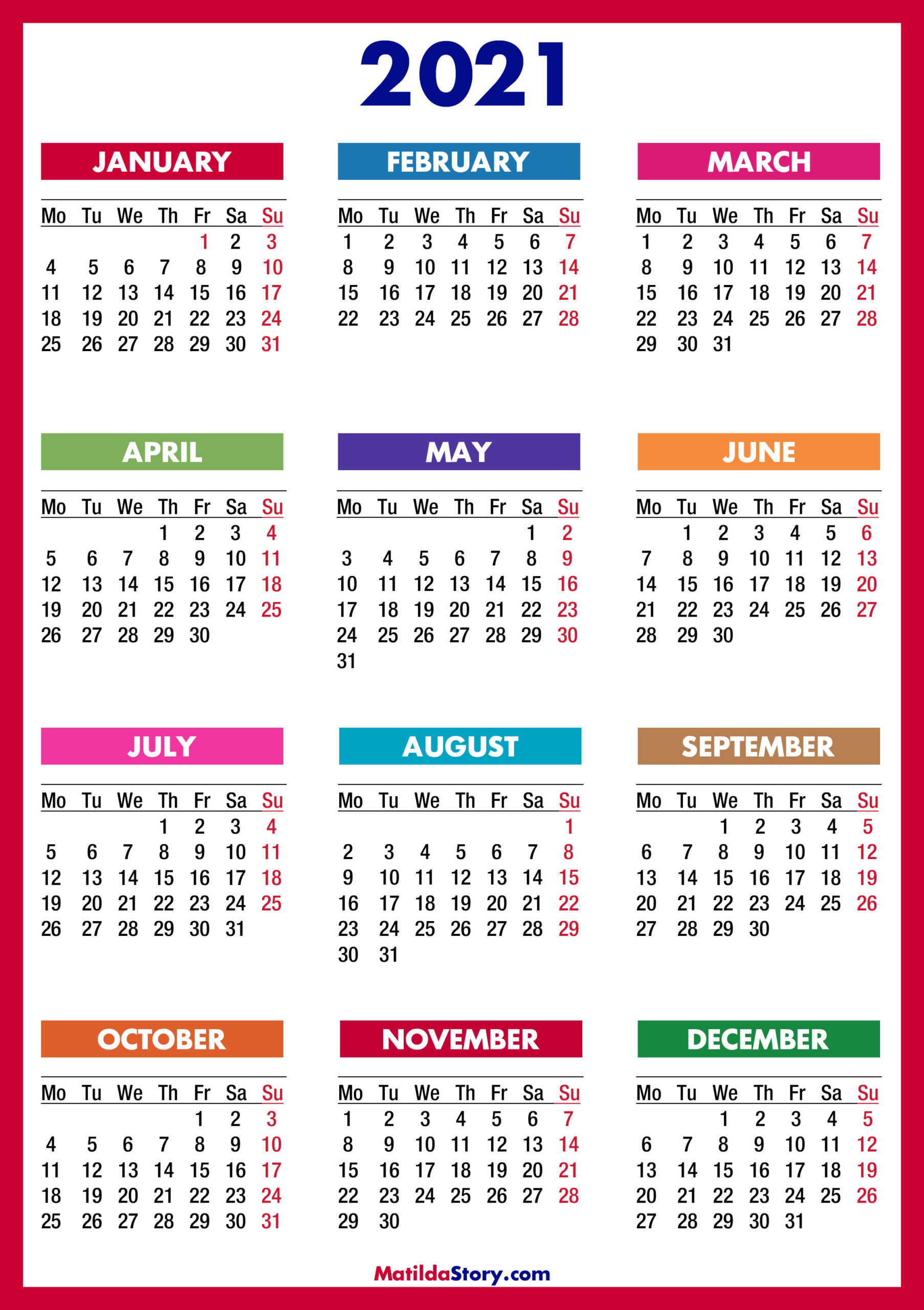 Free Colorful Printable 2021 Calendar With Holidays | Free-2021 Yearly Free Fillable Calendar