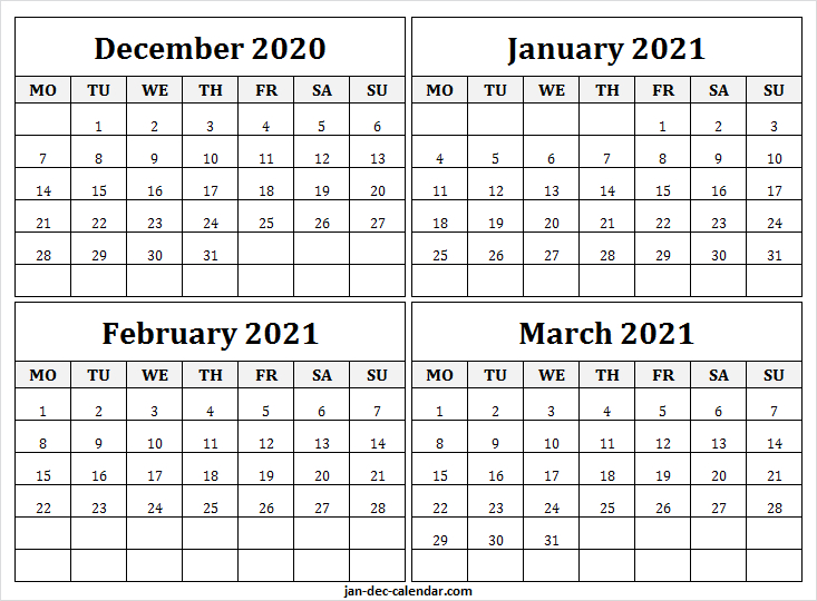 Free December 2020 To March 2021 Calendar - Monthly-August Thru December Calander For 2021