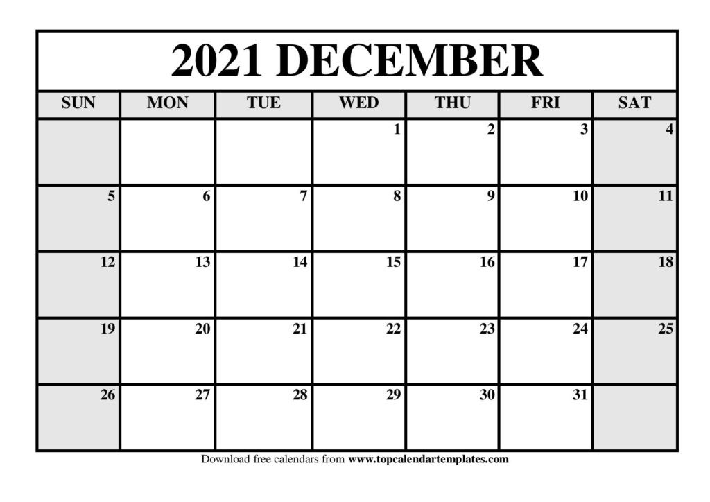 Free December 2021 Calendar Printable - Blank Templates-Free Blank Monthly Calendar 2021