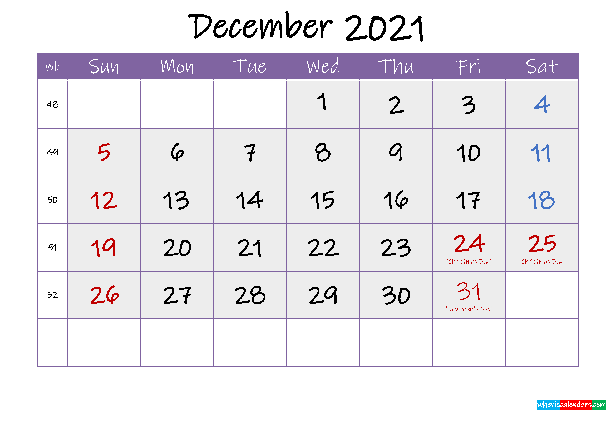 Free December 2021 Printable Calendar With Holidays-Free Printable Dec 2021 Calendar