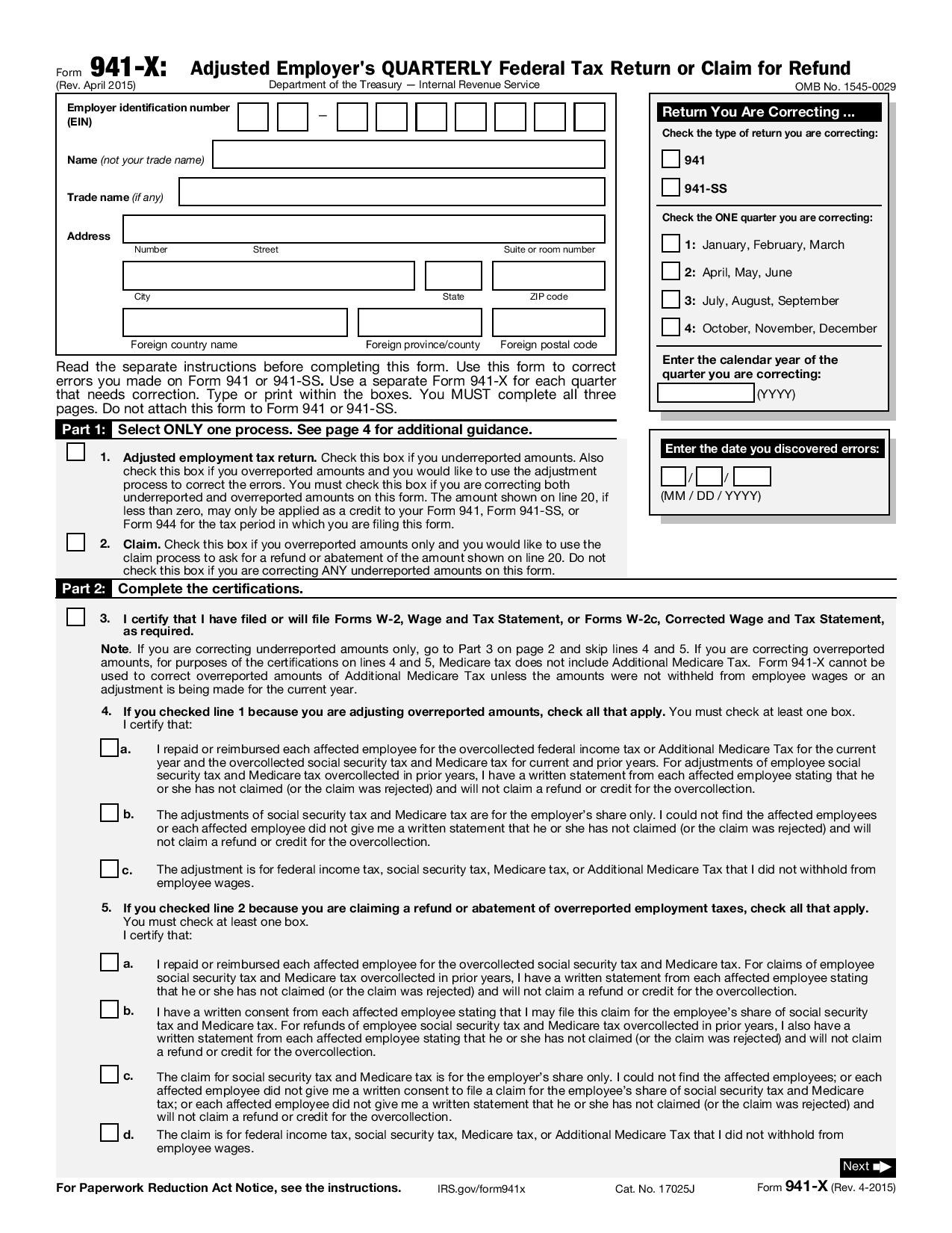Free Form 941-X, Adjusted Employer&#039;S Quarterly Federal Tax-Form W 9 2021 Print