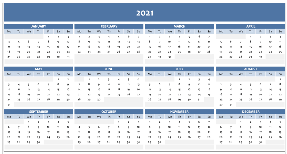 Free Full Year Calendar For 2021 [Excel Template]-2021 Monthly Fill In Calendars