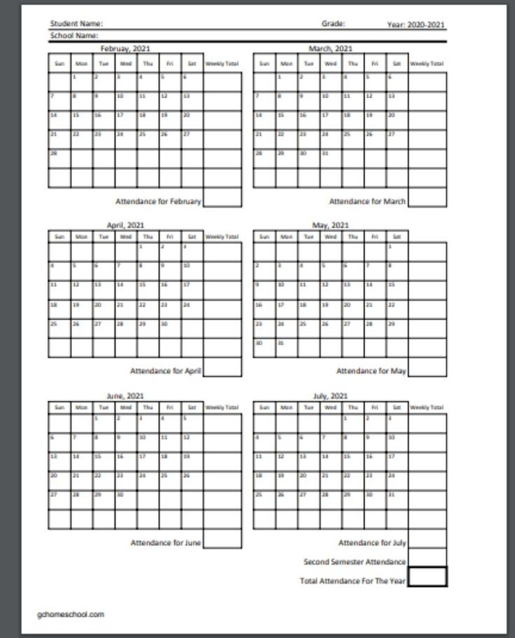 Free Homeschool Attendance Calendars 2020-2021-2021 Attendance Calendar Template