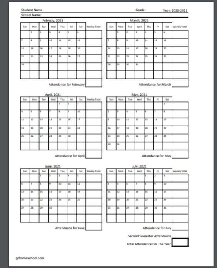 Free Homeschool Attendance Calendars 2020-2021-2021 Printable Free Attendance Tracker