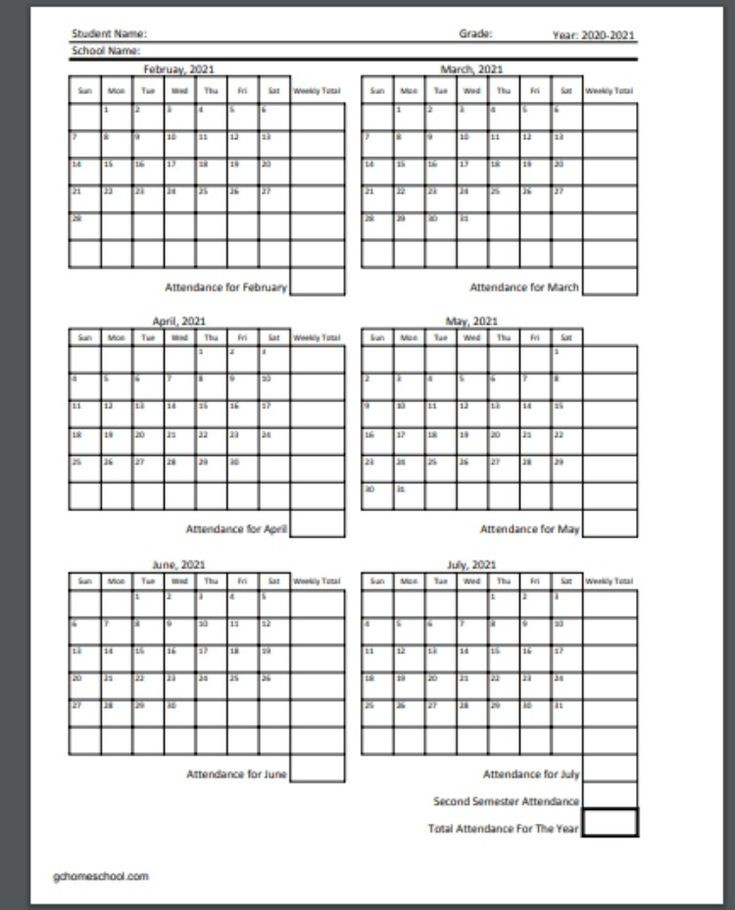 Free Homeschool Attendance Calendars 2020-2021-A4000 2021 Monthly Employee Attendance