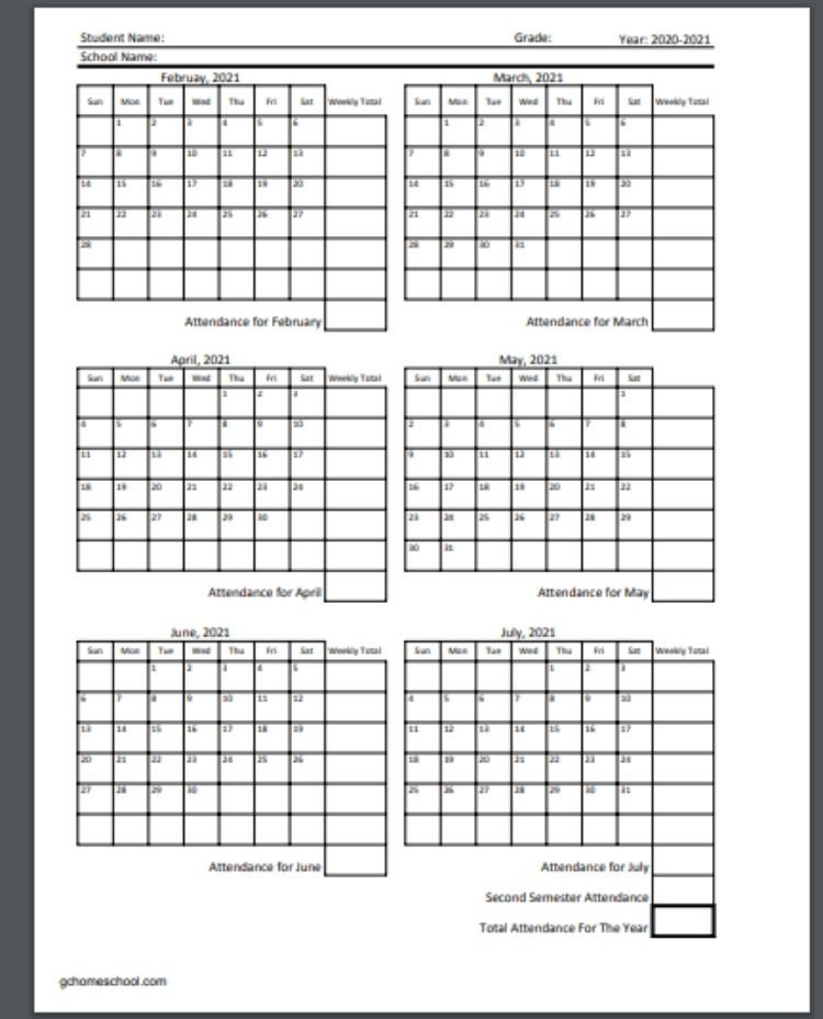 Free Homeschool Attendance Calendars 2020-2021 In 2020-Printable 2021 Attendance Calendar