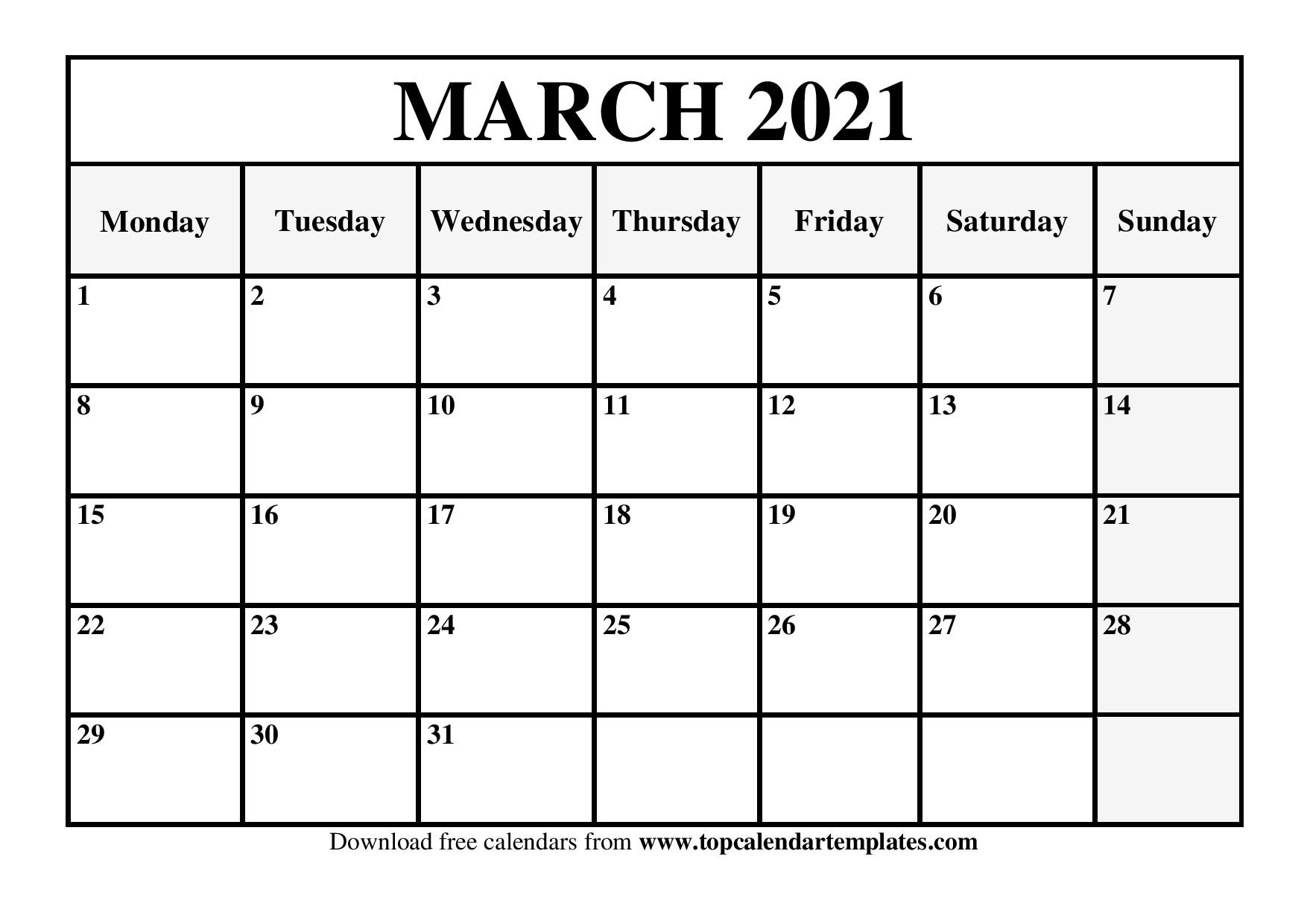 Free March 2021 Calendar Printable - Blank Templates-Blank Fillable Calendar 2021