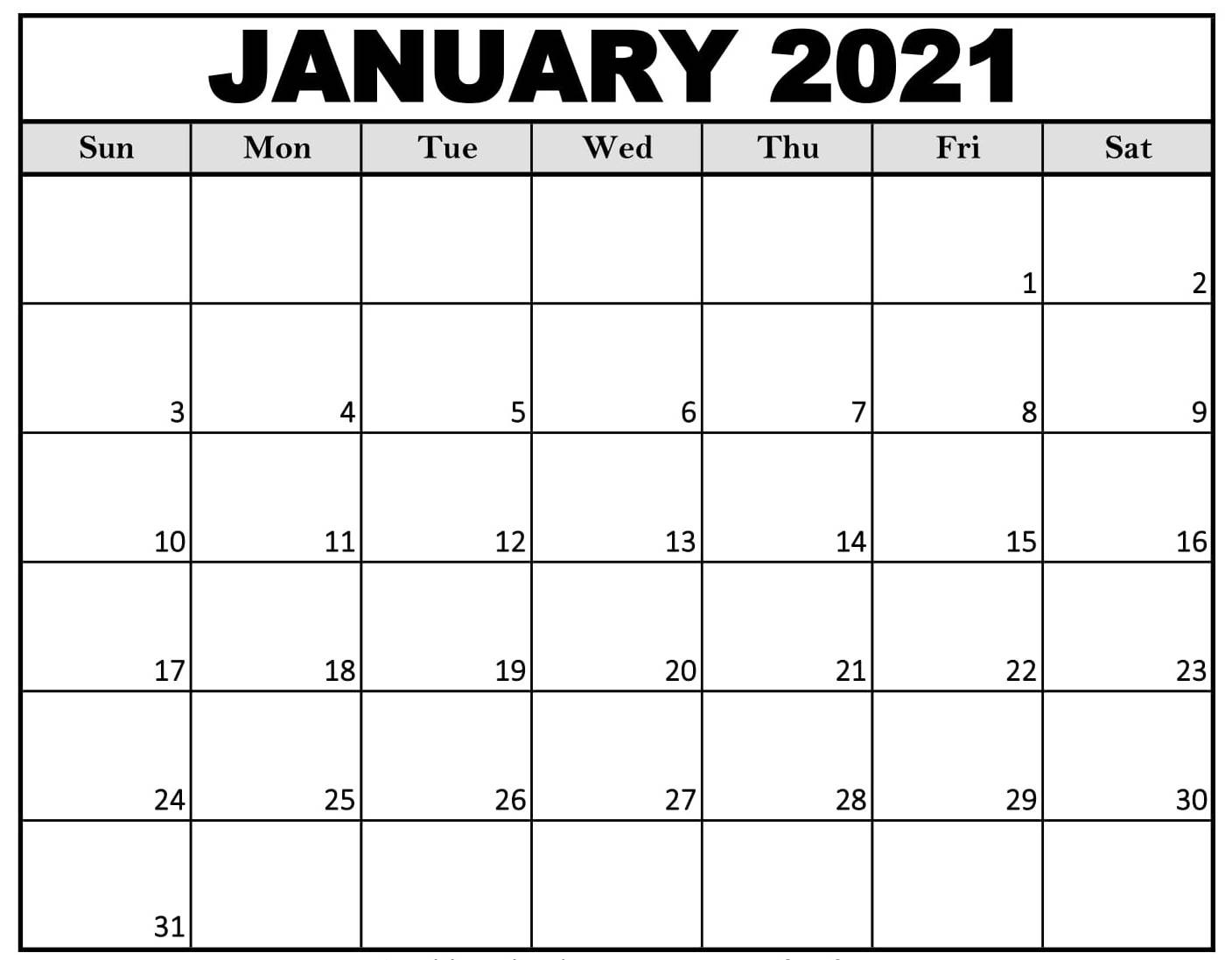 Free Monthly Blank January Calendar 2021 Printable Template-January 2021 Calendar Printable Free Monthly