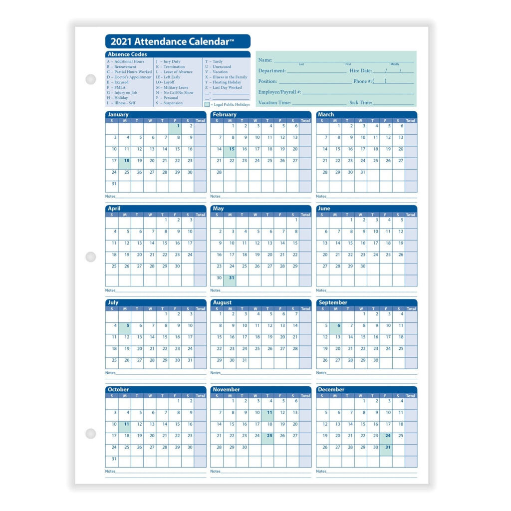Free Printable 2021 Attendance Calendar - Printable-Free 2021 Attendance Calendar Template