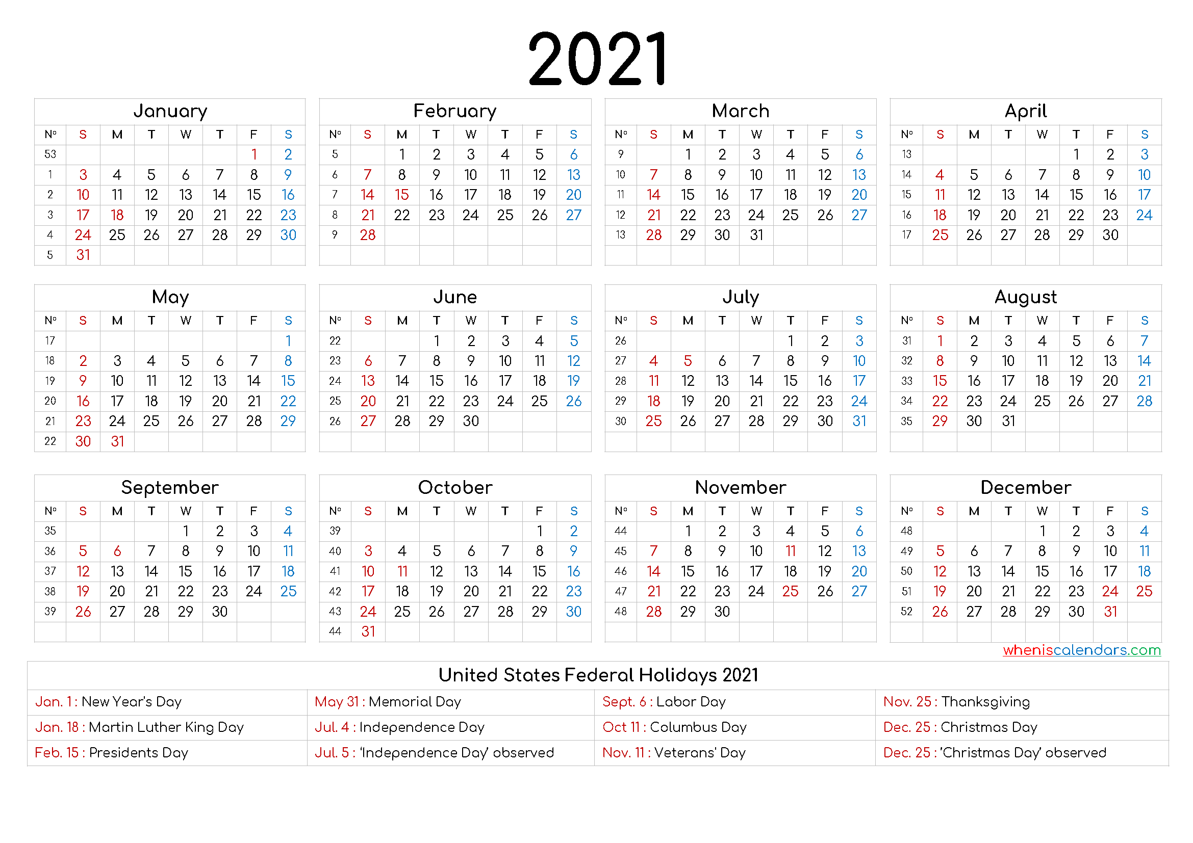 Free Printable 2021 Calendar With Holidays - 6 Templates-Free Yearly Vacation Calendar 2021