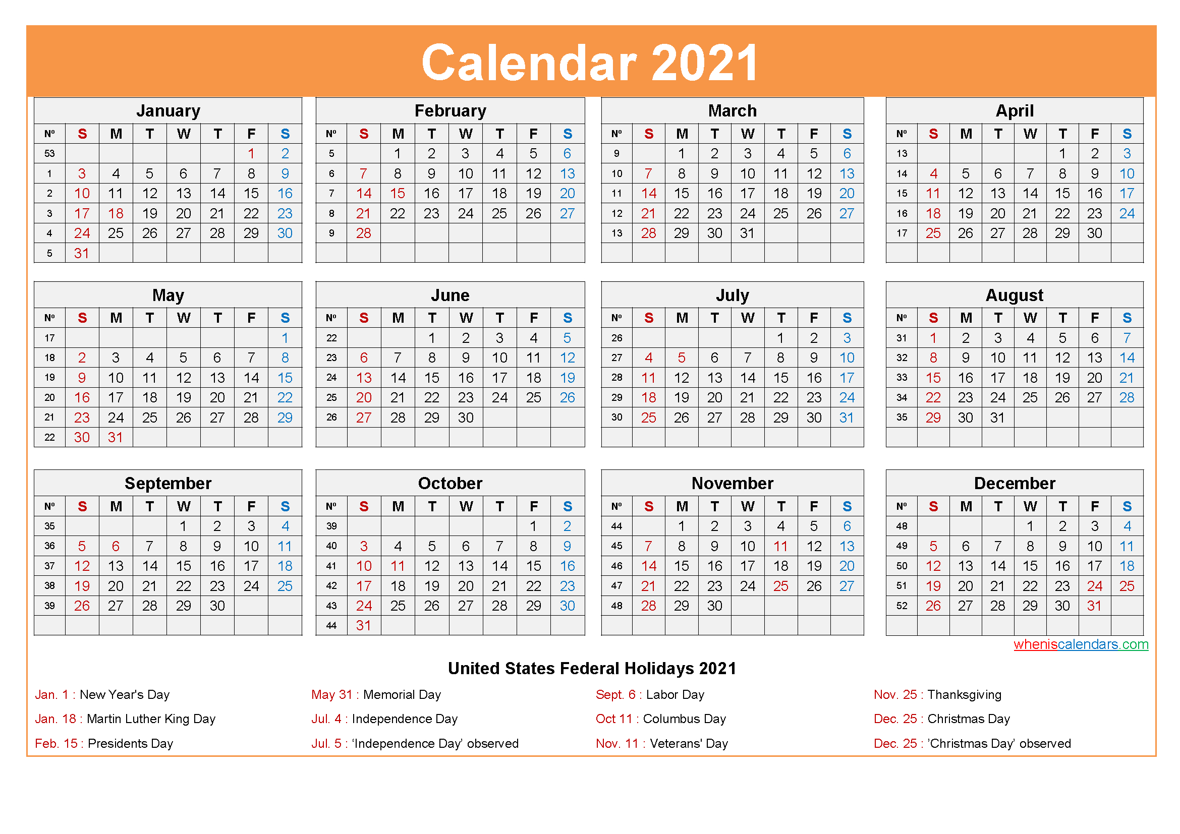 Free Printable 2021 Calendar With Holidays As Word, Pdf-2021 Yearly Calendar One Page Printable