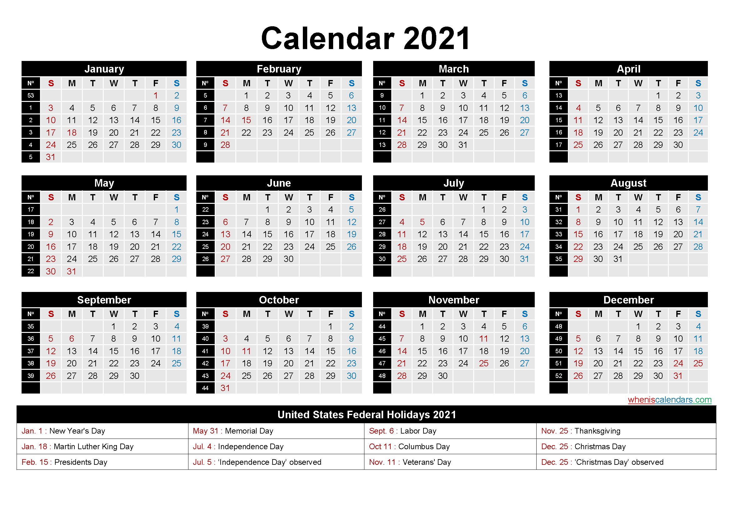 Free Printable 2021 Calendar With Holidays As Word, Pdf-Large Number 2021 Free Calendar