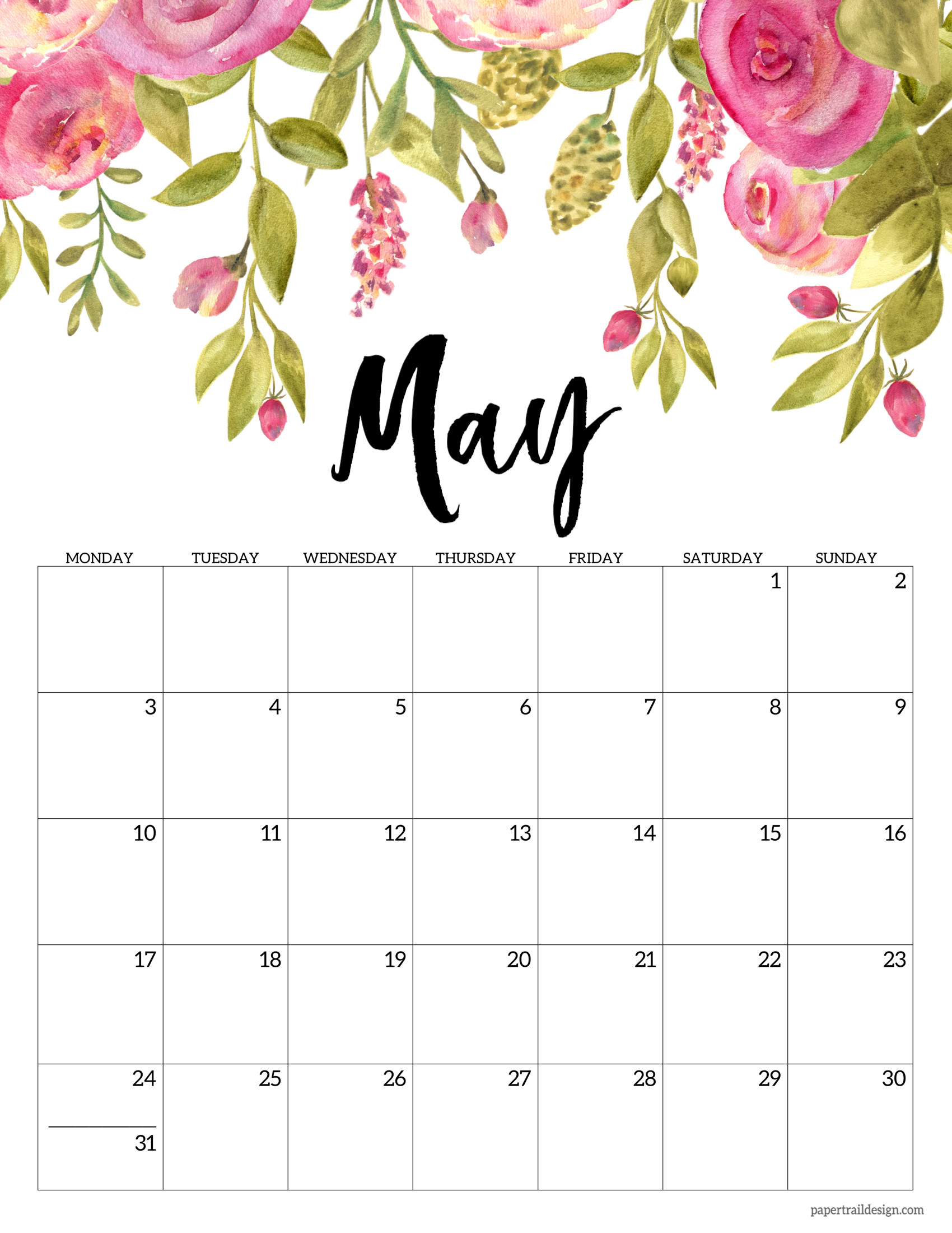 Free Printable 2021 Floral Calendar - Monday Start | Paper-2021 Calendar Printable Free