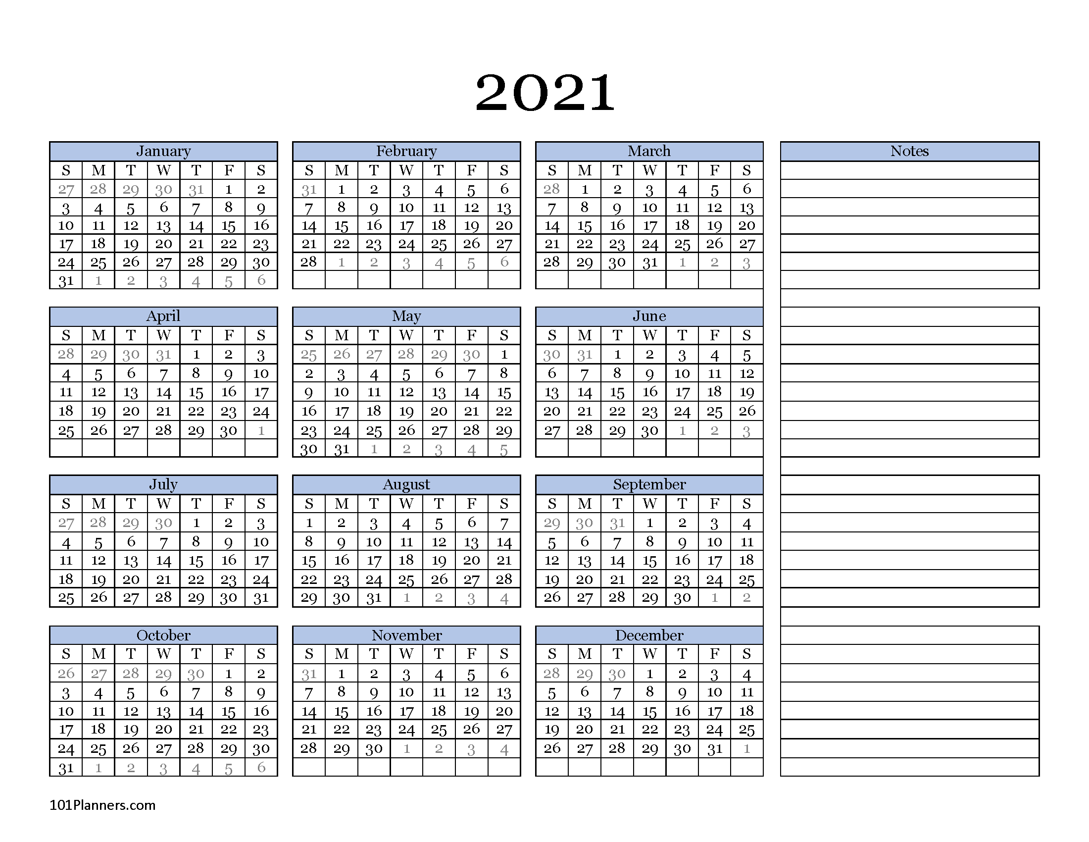 Free Printable 2021 Yearly Calendar At A Glance | 101-2 Page 2021 Calendar Template