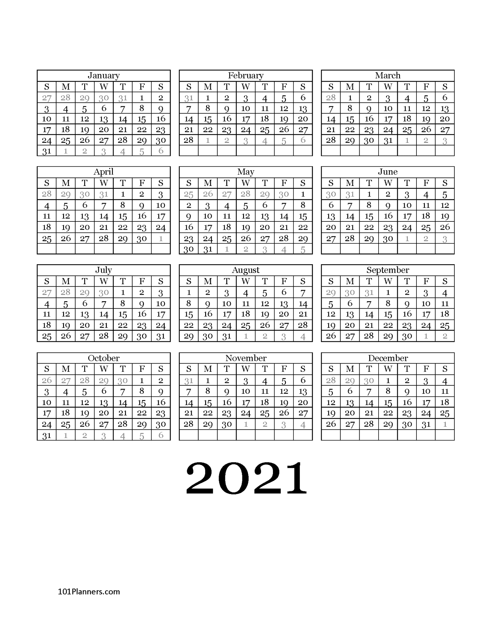 Free Printable 2021 Yearly Calendar At A Glance | 101-2 Page Calendar Printables 2021