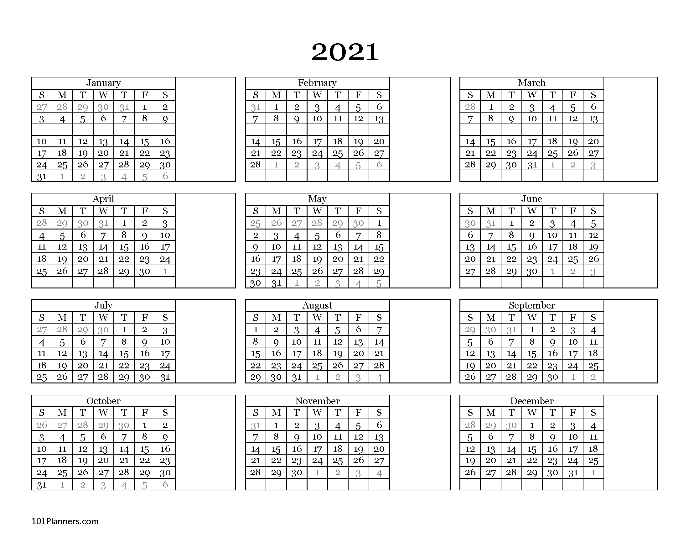 Free Printable 2021 Yearly Calendar At A Glance | 101-2 Page Calendar Printables 2021
