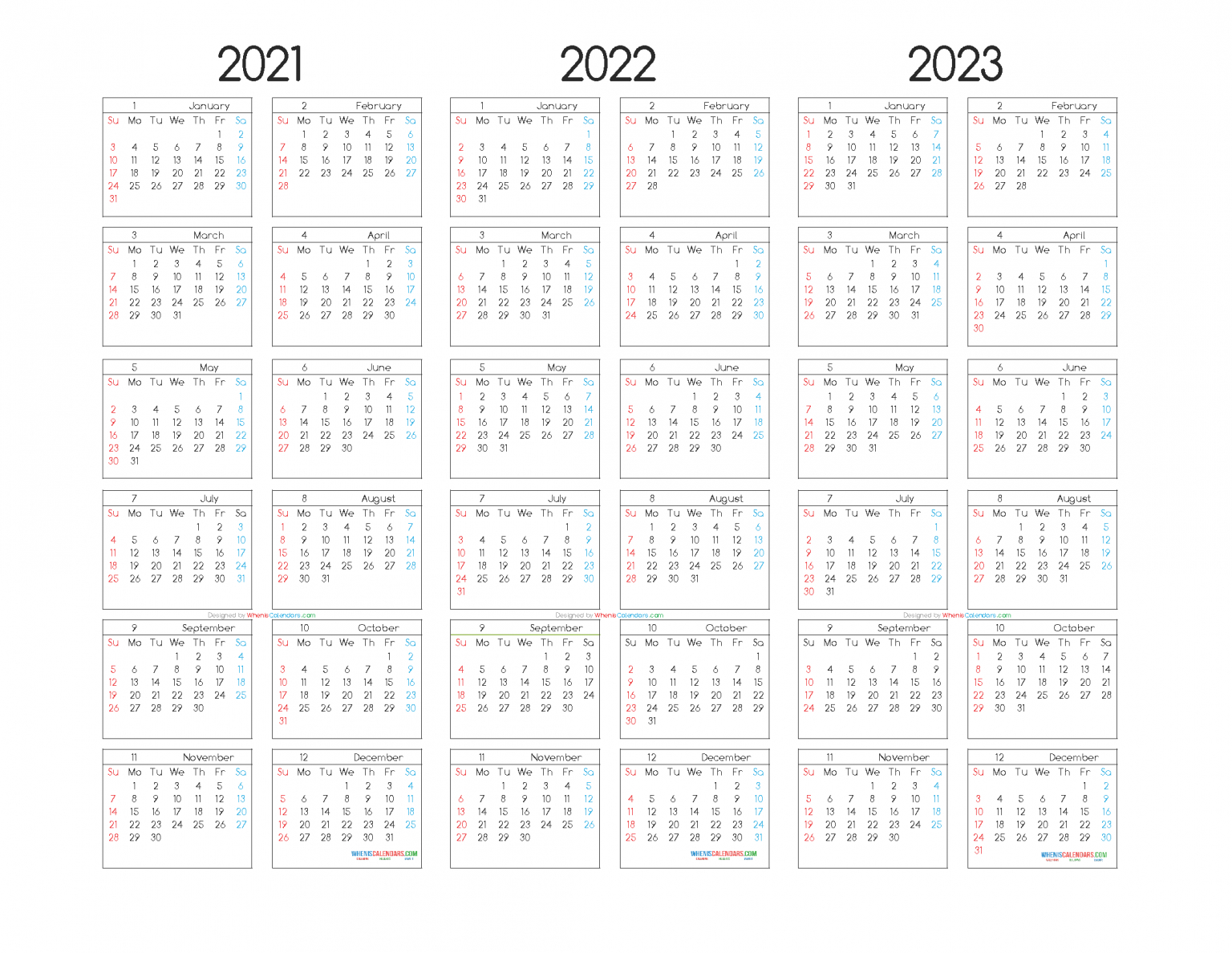 Free Printable 3 Year Calendar 2021 To 2023-Three Year Printable Calendar 2021 To 2023